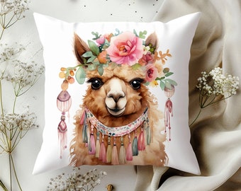Chic Boho Llama Watercolor Pillowcases – Decorative Cushion Covers with Flower Crowns and Tassels for Home, Living Room, Bedroom (NCA2-10)