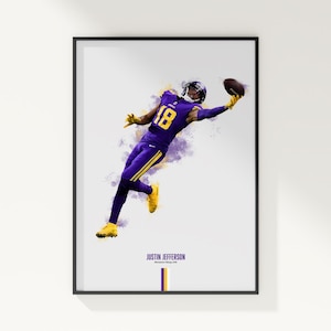 Pôster de Justin Jefferson, Pôster da NFL, Pôster de futebol americano, Pôster esportivo, Minnesota Vikings, Decoração de quarto de futebol, Presente da NFL
