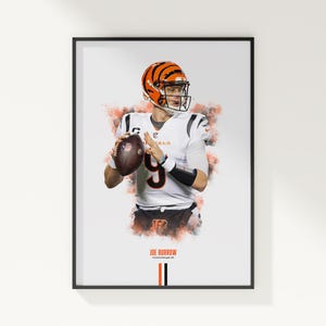 Pôster de Joe Burrow, pôster da NFL, pôster de futebol americano, pôster esportivo, Cincinnati Bengals, decoração de arte de parede, decoração de quarto de futebol, presente da NFL