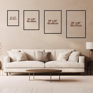 May include: Four framed art prints of varying sizes, 12" x 16", 16" x 20", 18" x 24", and 20" x 28", with black frames and beige backgrounds. The prints are displayed above a white sofa and a wooden coffee table, creating a modern living room aesthetic.