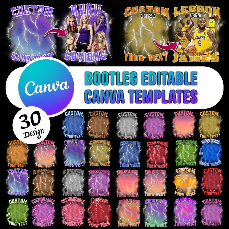 Op de afbeelding: Een set van 30 aanpasbare Canva-sjablonen met bliksemontwerpen. De sjablonen zijn perfect voor het maken van T-shirts, mokken en andere merchandise. De sjablonen bevatten een verscheidenheid aan kleuren en ontwerpen, waaronder een sjabloon met een basketballer en een sjabloon met een popster.