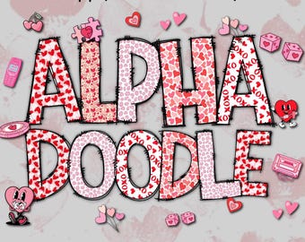 Conjunto de Doodles Alfabetos de Dia dos Namorados em PNG, Pinceladas de Dia dos Namorados em PNG, Pacote de Alfabeto de Dia dos Namorados em PNG, Design de Doodle de Dia dos Namorados em PNG