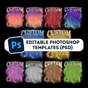 Peut inclure: Visuel présentant huit modèles colorés avec le mot « CUSTOM » et un espace pour le texte. Le texte « EDITABLE PHOTOSHOP TEMPLATES (PSD) » est affiché avec un logo Photoshop. Les designs ont des couleurs variées.
