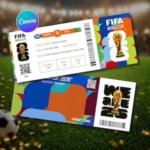 May include: A FIFA World Cup 2026 match ticket featuring the tournament logo, the gold trophy, and event details including Argentina versus Brazil, date June 28, 2026, at AT&T Stadium in Arlington, Texas, with a QR code and barcode.