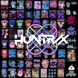 May include: A black background featuring numerous colourful graphic designs. The word "HUNTRX" is displayed in white, overlaid on a multi-coloured heart-shaped design. An "Instant Download" icon is in the bottom right.