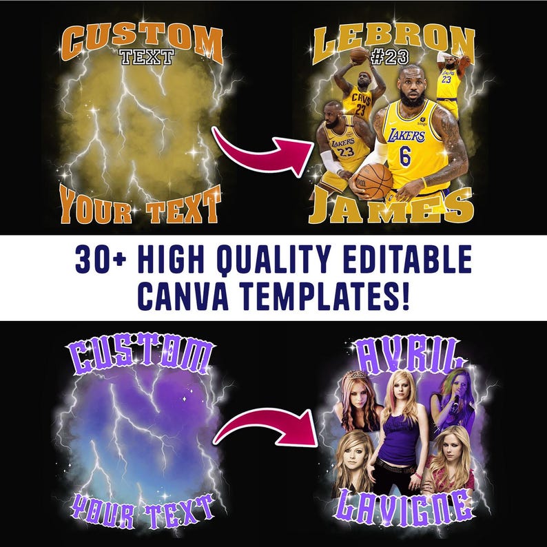 Op de afbeelding: Twee digitale ontwerp sjablonen met een bliksem achtergrond en aanpasbare tekst. De eerste sjabloon toont een basketballer in een geel shirt met de tekst "LEBRON #23 JAMES". De tweede sjabloon toont een groep vrouwen in een paars en zwart kleurenschema met de tekst "AVRIL LAVIGNE".