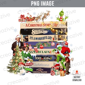 Puede incluir: Una pila de cintas VHS con películas clásicas de Navidad, incluyendo "Una historia de Navidad", "Santa Claus", "Qué bello es vivir", "El Grinch", "Santa Claus", "Solo en casa 2" y "Vacaciones de Navidad". Las cintas están rodeadas de decoraciones navideñas, como un árbol de Navidad, un muñeco de nieve, un reno y un Grinch.