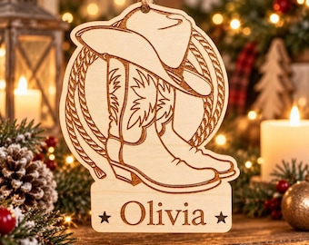 Personalized Cowboy Christmas Ornament, Custom Name Wooden Western Boot Ornament, Rustic Cowgirl Christmas Tree Decoration, Western Gift
