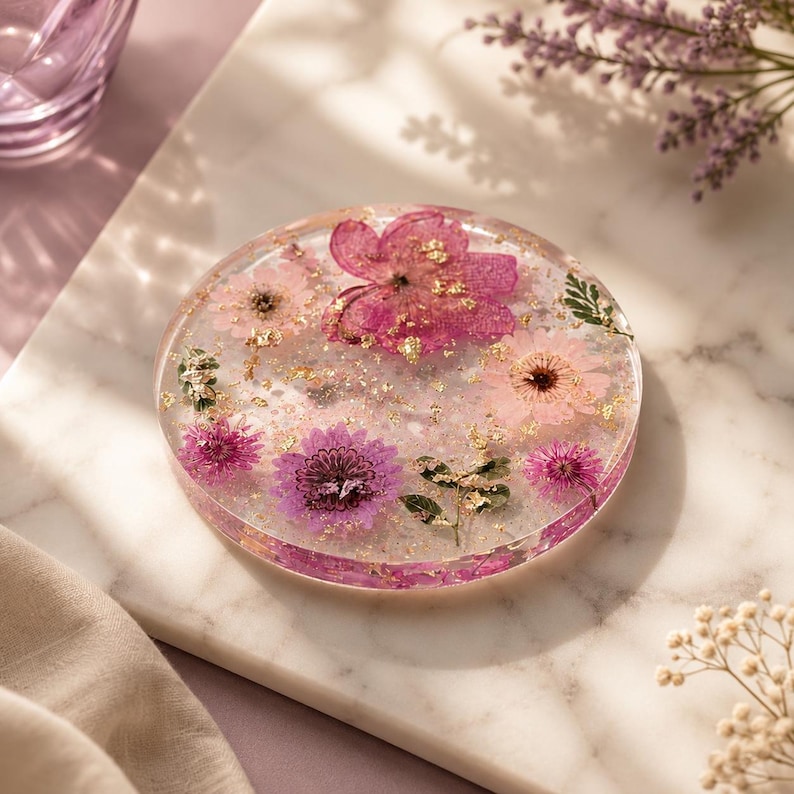 Pressed Flower Resin Coasters | Real Dried Flowers, Gold Flakes ...