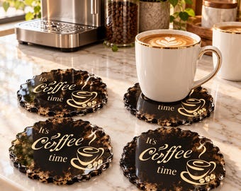 Coffee Time Resin Coasters, Black Gold Coffee Cup Coaster Set, Geode Style Drink Coasters, Handmade Coffee Table Decor, Housewarming Gift