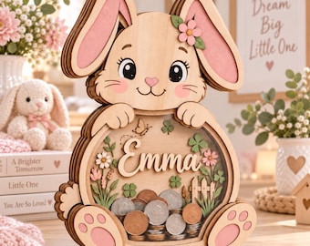 Personalized Bunny Piggy Bank, Custom Name Wooden Money Box, Baby Girl Easter Gift, Rabbit Nursery Decor, First Birthday Gift