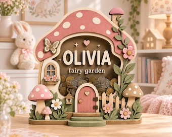 Personalized Mushroom Piggy Bank, Custom Name Wooden Money Box, Fairy Garden Nursery Decor, Woodland Baby Gift, First Birthday Gift