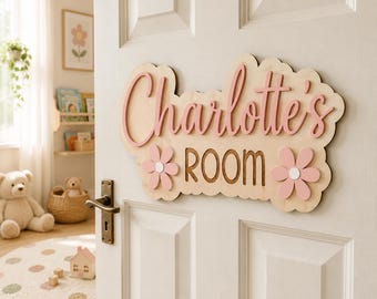 Personalized Wooden Kids Room Name Sign, Floral Door Plaque, Nursery Decor