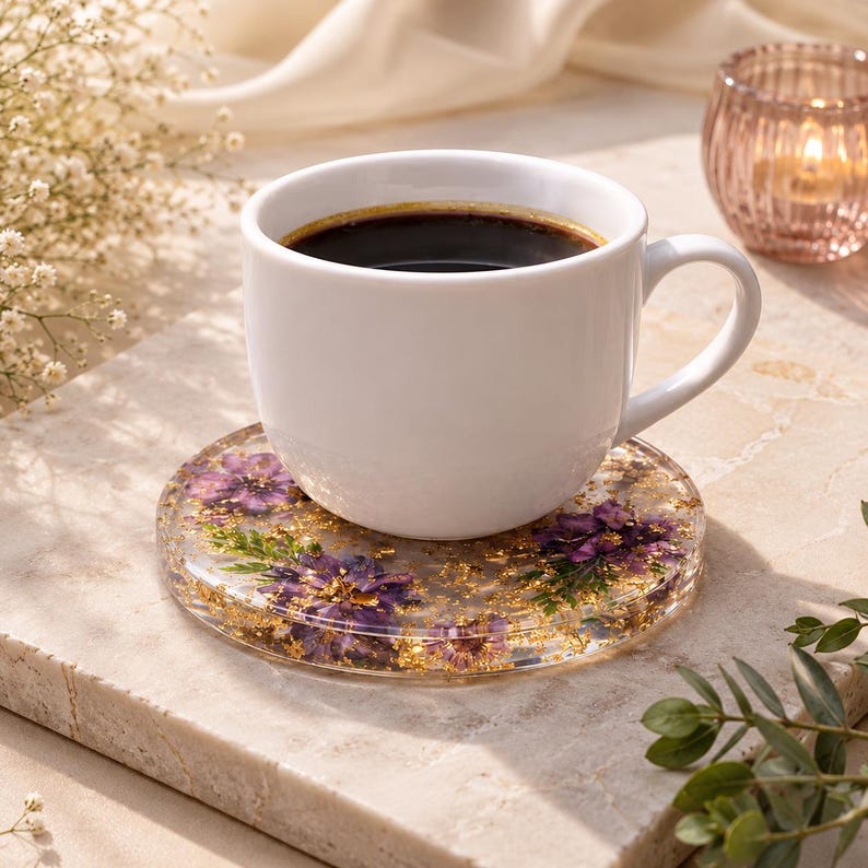 Pressed Flower Resin Coasters | Real Dried Flowers, Gold Flakes ...