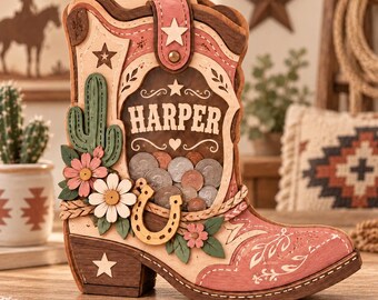 Personalized Cowgirl Boot Piggy Bank, Custom Name Wooden Money Box, Western Nursery Decor, Cowgirl Birthday Gift, Kids Savings Bank