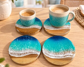 Ocean Resin Coasters & Wooden Serving Board, Blue Wave Drink Coasters, Coastal Table Decor, Beach House Housewarming Gift