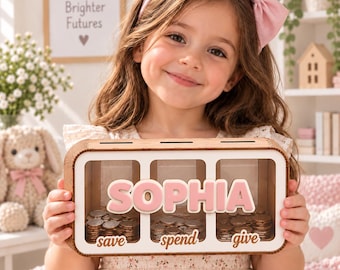 Personalized Wooden Piggy Bank, 3D Name, Spend Save Share Kids Savings Box