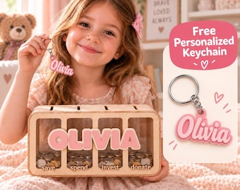 Personalized Wooden Piggy Bank, 4-Compartment Savings Box, Free Keychain (Kids Gift)
