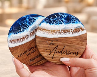 Personalized Resin Coasters, Custom Engraved Wooden Coaster Set, Ocean Wave Wedding Gift, Housewarming Gift, Anniversary Gift for Couple