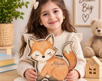 Personalized Fox Piggy Bank for Kids, Wooden Animal Money Box, Custom Name Nursery Decor, Baby Girl Boy Gift, First Birthday Keepsake