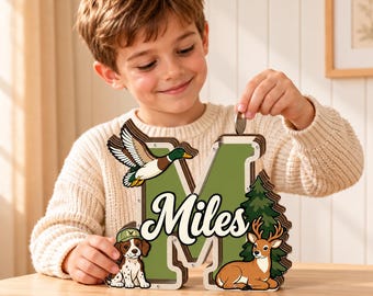 Personalized Woodland Piggy Bank, Wooden Letter Money Bank with Name, Deer Duck Dog Design, Birthday Gift for Boys