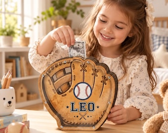 Personalized Baseball Glove Piggy Bank for Kids, Custom Name Wooden Money Box, Baseball Gift for Boy Girl, Sports Room Decor