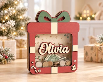 Personalized Christmas Piggy Bank, Custom Name Wooden Money Box, Present Shaped Savings Bank, Christmas Gift for Kids