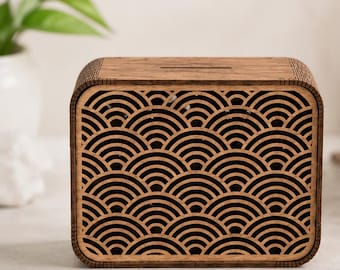 Wooden Piggy Bank, Laser Cut Japanese Wave Pattern Saving Box, Personalized Gift Holder