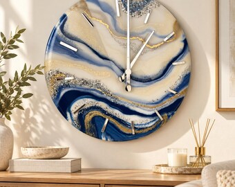 Blue and Gold Resin Wall Clock, 50cm Geode Clock with Crystal Details, Modern Living Room Decor, Housewarming Gift