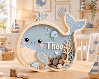 Personalized Whale Piggy Bank, Custom Name Wooden Money Box, Baby Boy Savings Bank, Ocean Nursery Decor, Under the Sea Birthday Gift