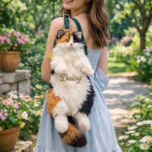Puede incluir: Una mochila con forma de gato calicó, de color blanco, negro y naranja. El nombre "Daisy" está bordado en la parte delantera. Tiene una correa verde y herrajes dorados.