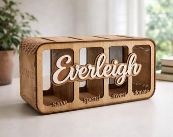 Tirelire en bois | 4 emplacements Économiser Dépenser Investir Faire un don Banque