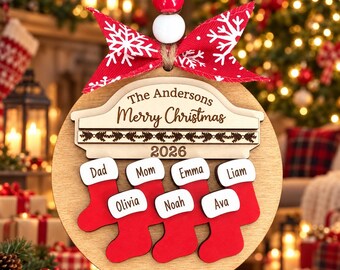 Personalized Family Christmas Ornament 2026, Custom Wooden Stocking Ornament, Family Name Christmas Decor, Personalized Xmas Gift