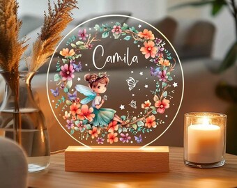 Custom Name Night Light, Floral Girls Nursery Decor, Wood Base