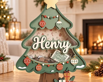 Personalized Christmas Tree Piggy Bank, Custom Name Wooden Money Box, Kids Christmas Gift, Holiday Savings Bank