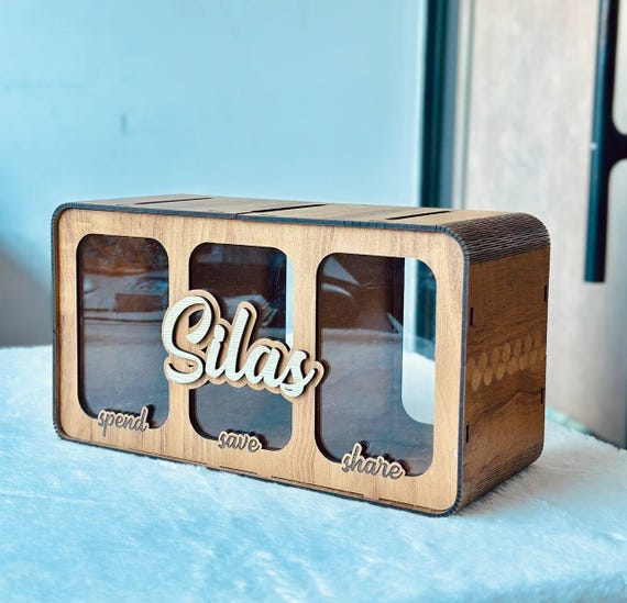 Personalized Wood Piggy Bank: Save Spend Share Bank