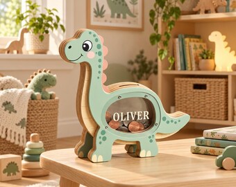 Personalized Dinosaur Piggy Bank for Kids, Custom Name Wooden Money Box, Dinosaur Coin Bank, Kids Savings Gift, Nursery Decor
