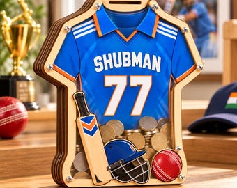 Personalized Cricket Jersey Piggy Bank, Custom Name Number Wooden Money Box, Cricket Bat Ball Savings Bank, Cricket Lover Birthday Gift