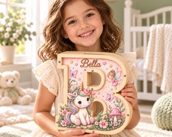 Personalized Unicorn Piggy Bank, Wooden Letter Money Bank with Name, Fairy Nursery Decor, Birthday Gift for Girls