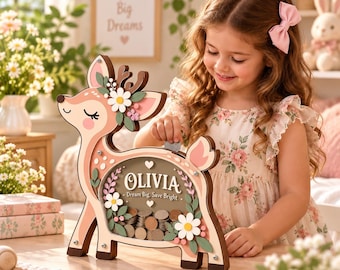 Personalized Deer Piggy Bank, Custom Name Wooden Money Box, Floral Nursery Decor