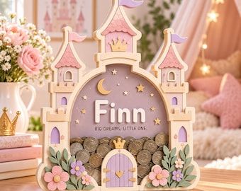 Personalized Princess Castle Piggy Bank, Wooden Money Box for Kids (Custom Name)