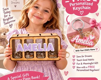 Wooden 4-Compartment Savings Bank for Kids, Save Spend Invest Donate (Personalized)