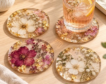 Handmade Pressed Flower Resin Coaster, Gold Leaf Floral Drink Holder, Botanical Home Decor
