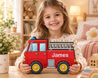 Personalized Fire Truck Piggy Bank, Wooden Fire Engine Money Box, Custom Name Kids Coin Bank, Firefighter Birthday Gift for Boy