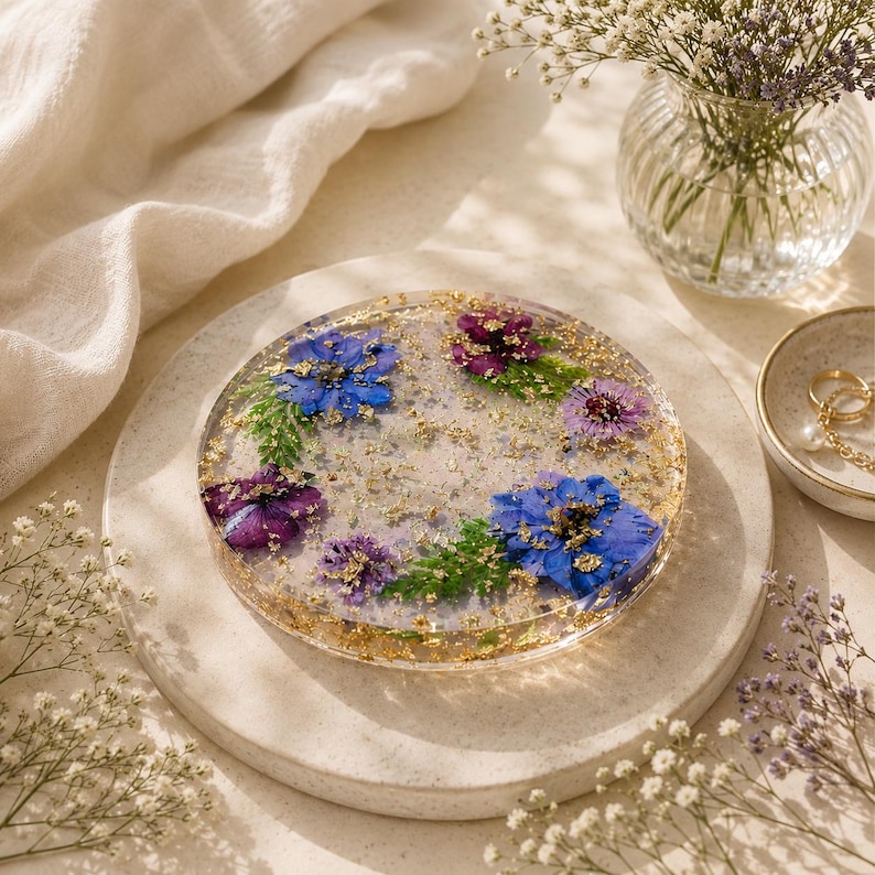 Pressed Flower Resin Coasters | Real Dried Flowers, Gold Flakes ...