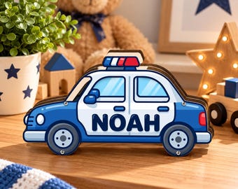Personalized Police Car Piggy Bank for Kids, Custom Name Wooden Money Box, Police Officer Gift, Boys Coin Bank, Nursery Decor