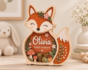 Personalized Fox Piggy Bank, Custom Name Wooden Money Box, Woodland Nursery Decor, Baby Girl Birthday Gift, Fox Coin Bank, Kids Savings Gift