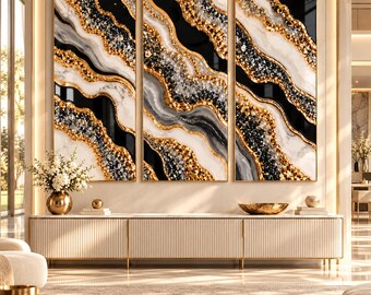Large Epoxy Resin Geode Wall Art Triptych, Luxury 3 Panel Abstract Wall Decor, Gold Crystal Resin Art, Modern Living Room Statement Art
