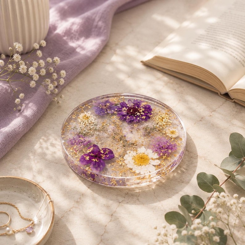 Pressed Flower Resin Coasters | Real Dried Flowers, Gold Flakes ...