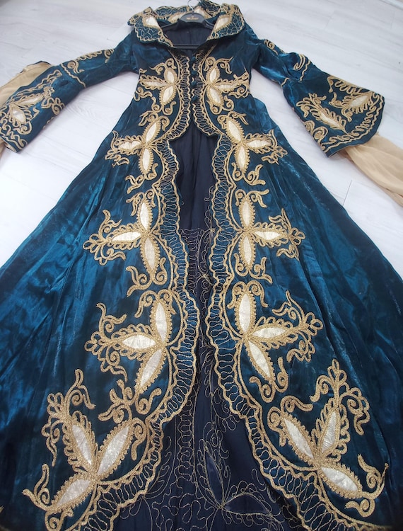 Vintage Embroidered Kaftan : Petrol Blue Satin Turkish Robe Dress